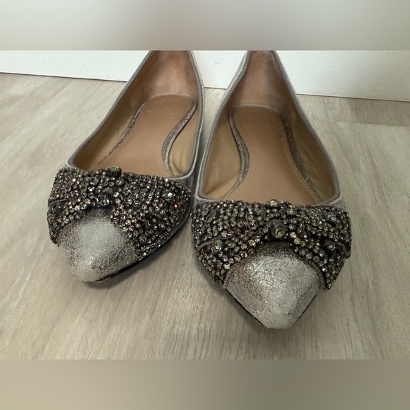 TORY BURCH silver jeweled bow tie leather pointy toe ballerina flats sz 9 - Picture 3 of 10
